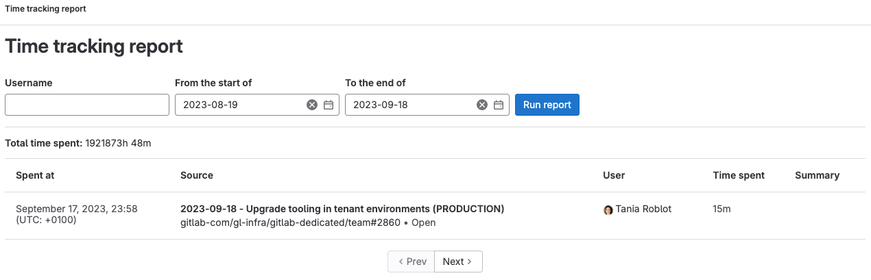 The global time tracking report page showing filters and results for multiple items.