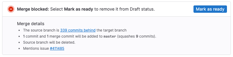 A merge request showing the draft status with merge blocked until marked as ready.